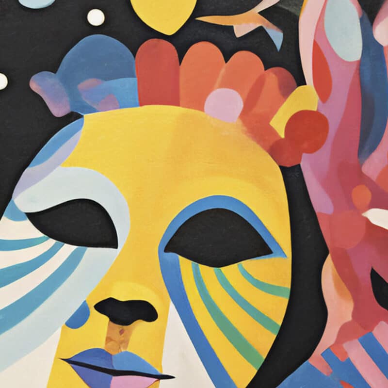 Illustration dessinnée qui comporte des motifs géométriques très colorée et fleuris et un marque dans le même style, aux yeux noirs, qui ressemble à la fois à un humain et à un chat