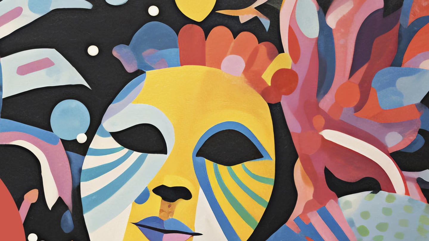 Illustration dessinnée qui comporte des motifs géométriques très colorée et fleuris et un marque dans le même style, aux yeux noirs, qui ressemble à la fois à un humain et à un chat