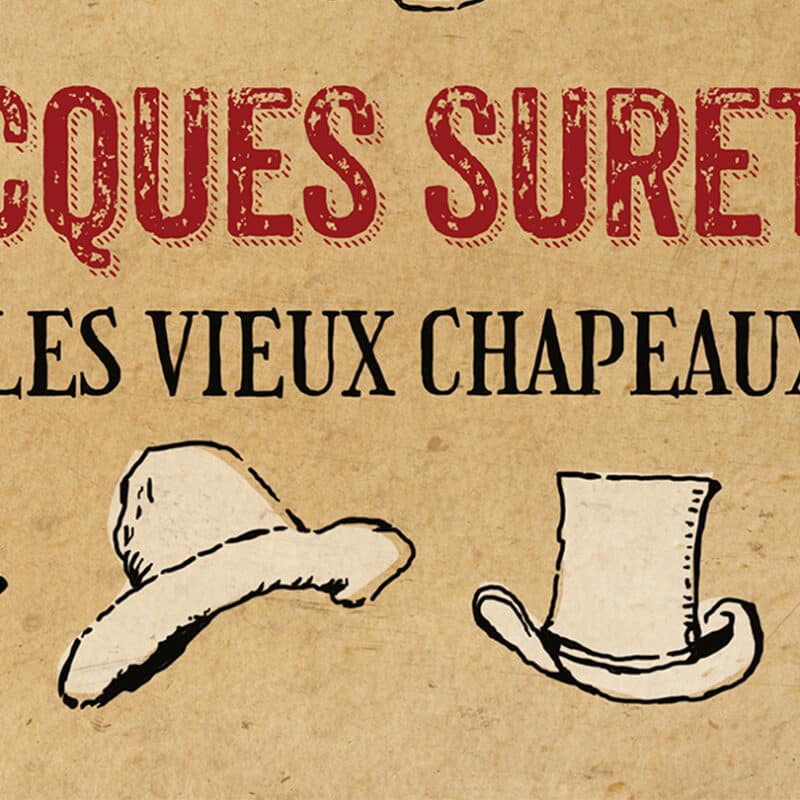 Illustration avec 4 chapeaux. 3 sont des hauts de forme, le quatrième est un chapeau style chapeau de paille.