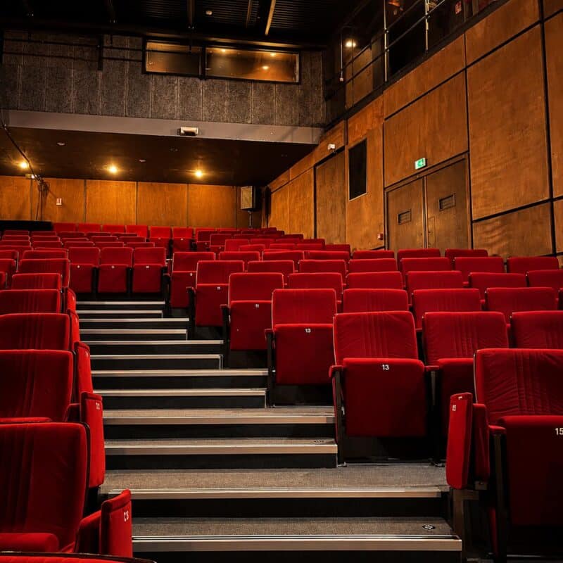 Photo de l'intérieur du théâtre depuis le bas de la salle en direction des gradins de siège avec des murs en panneaux de bois